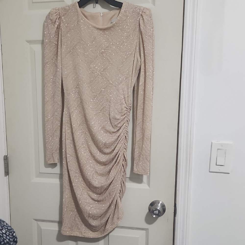 Premier Tan Gold Ruched Bodycon Dress with Bishop Sleeves